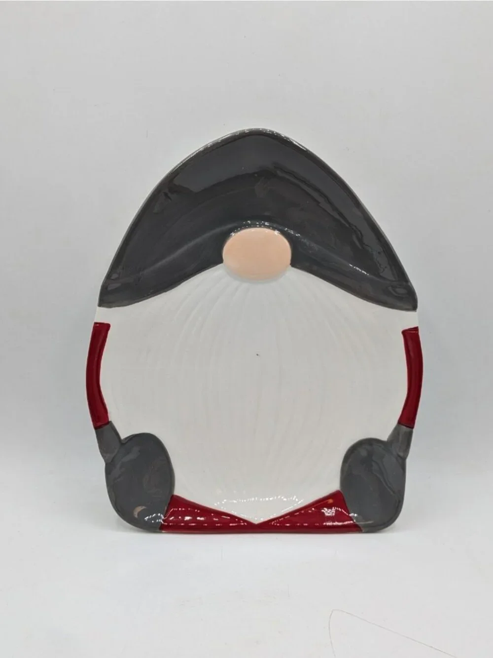 Pottery Barn Figural Gnome Shaped Ceramic Plates Set of 3 Salad Dessert Red Grey